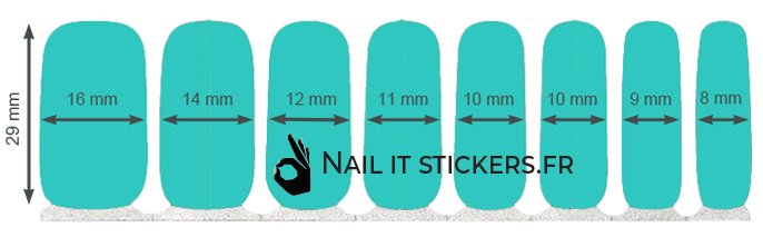 Size of the different nail stickers on the sheet